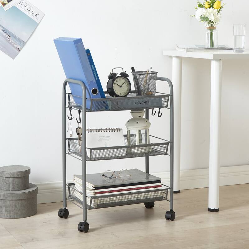 Urban Shop 3 Tier Trolley Rolling Mesh Storage Cart - 17" x 7" x 29" - Silver