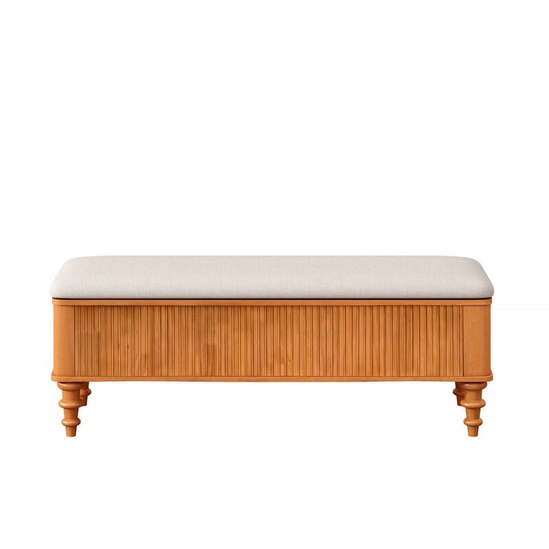 50.8" Multi-Functional Storage Ottoman Bench with Linen Seat, Solid Rubberwood Bed End Bench, Entryway Storage Bench