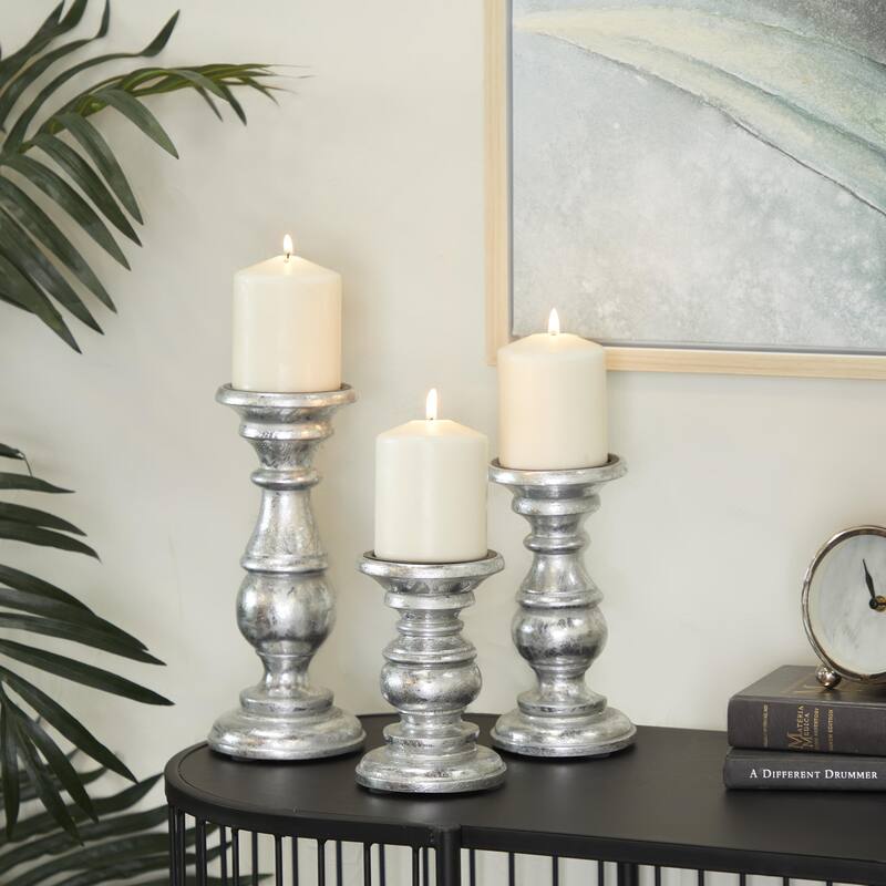 Mango Wood Turned Style Pillar Candle Holder (Set of 3) - White, Brown, Gold, Black, Light Blue, Cream, Silver - Silver
