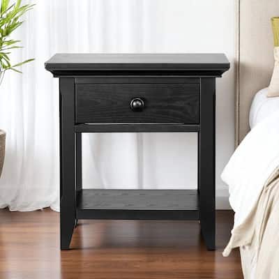 HomeRoots 24" Black Solid Wood Solid and Manufactured Wood One Drawer Nightstand