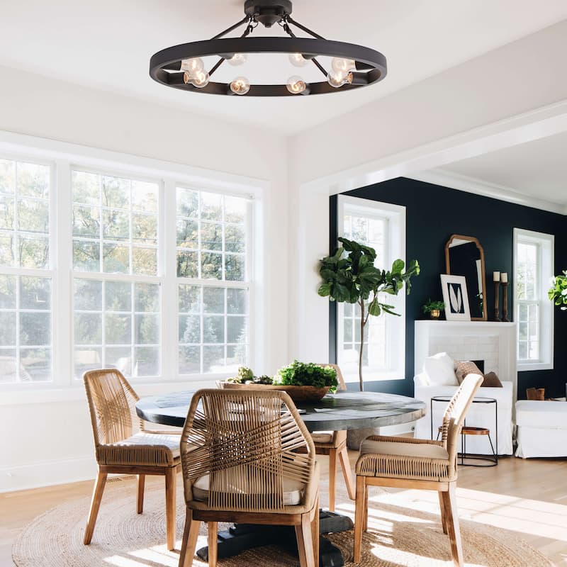 Abigail Wagon Wheel Black Metal Round Rustic Semi-Flush Mount - 28.5 inches in diameter x 8 inches H