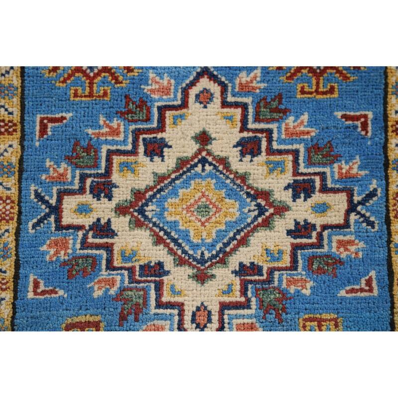 Blue Geometric Kazak Foyer Rug Handmade Oriental Wool Carpet - 2'1" x 3'0"