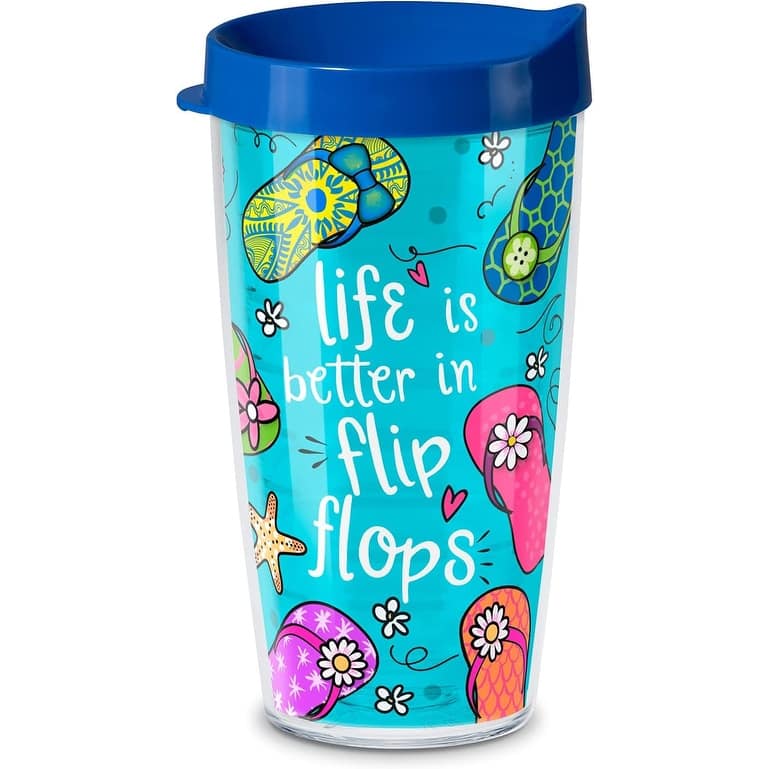 Flip Flops Double Wall Insulated Unbreakable Plastic Travel Tumbler with Lid Holds 16 Ounces Free Microwave Safe Dishwasher Safe - Single