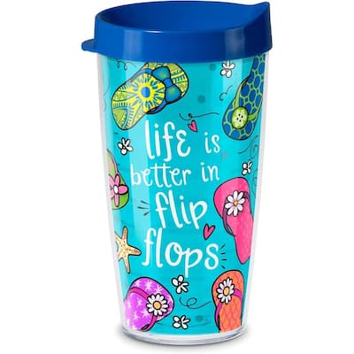 Flip Flops Double Wall Insulated Unbreakable Plastic Travel Tumbler with Lid Holds 16 Ounces Free Microwave Safe Dishwasher Safe
