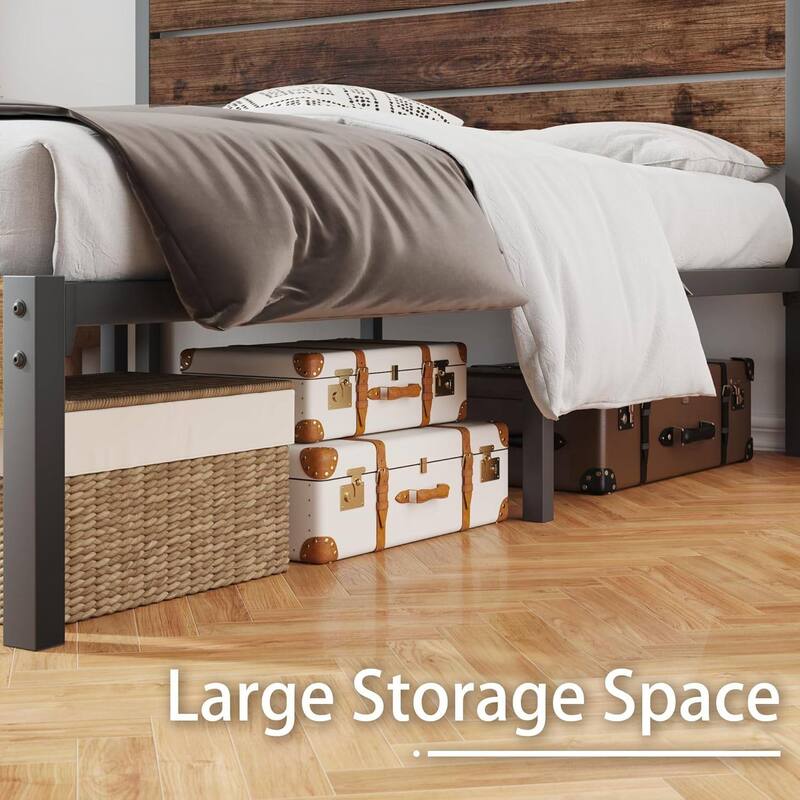 Brown Wood Headboard Platform Bed Frame with Sturdy Metal Design