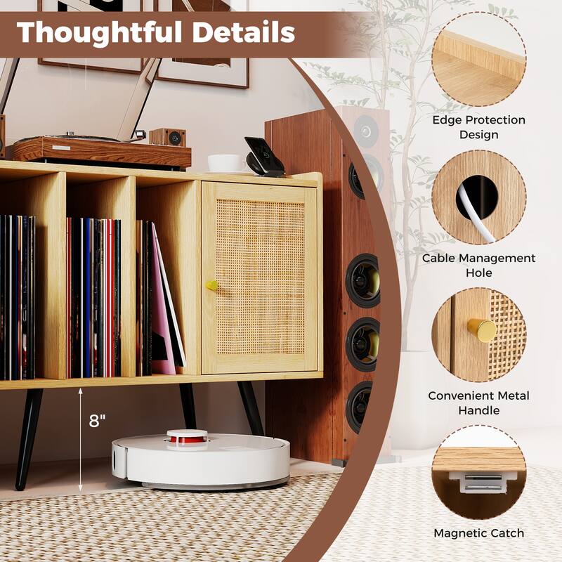 Gymax Record Player Stand w/ Charging Station & Rattan Cabinet