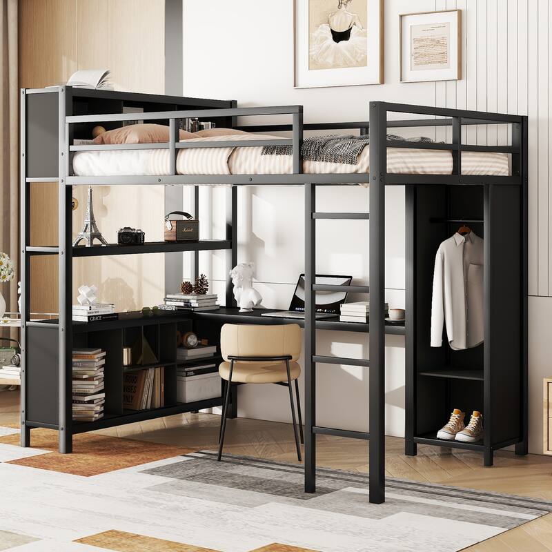 Full Size Metal Loft Bed with L-Shaped Desk, Built-in Wardrobe, Storage Shelves & Cubes - Black