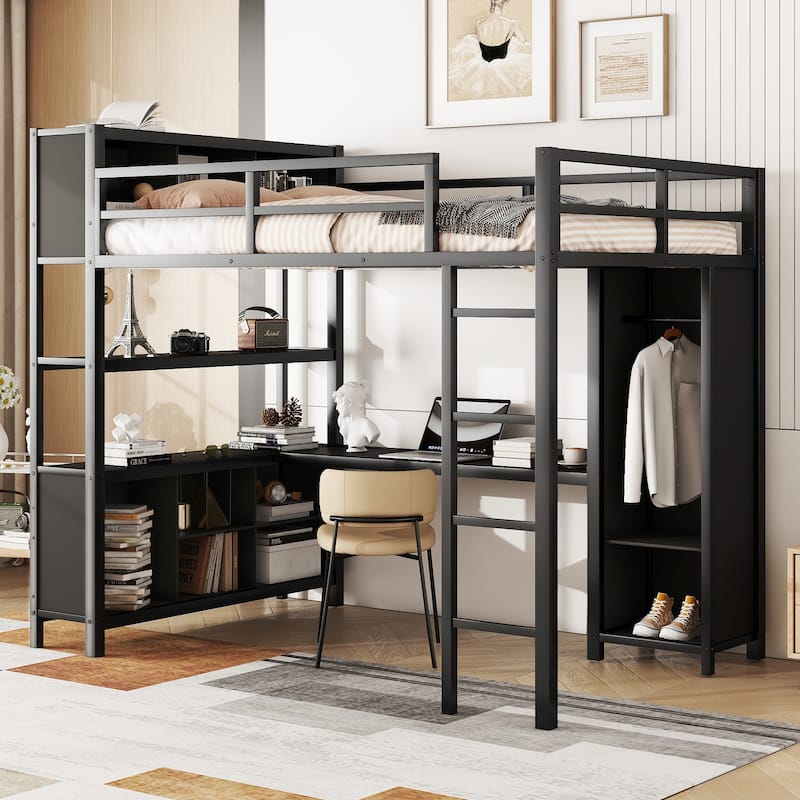 Metal Loft Bed with Wardrobe And L-shaped Desk, Full Size Loft Bed with Storage Cubes and Shelves, Heavy Duty Loft Bed