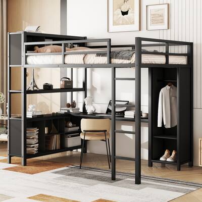 Modern Metal Full Size Loft Bed with Wardrobe and L-shaped Desk