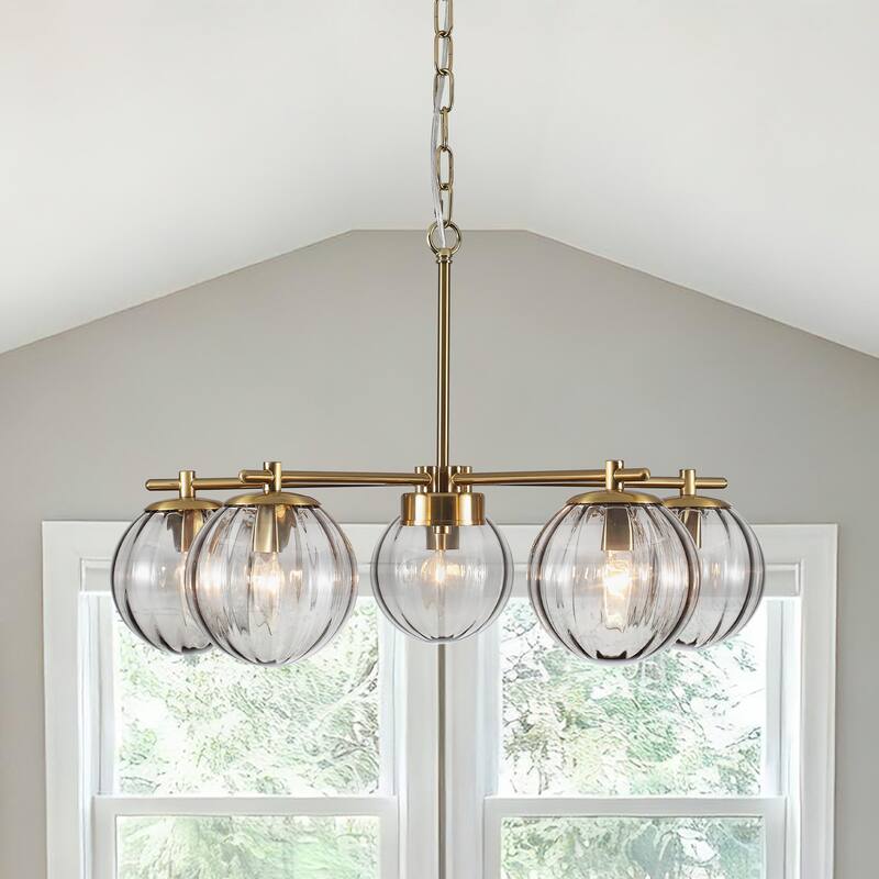 Mid-Century Modern 5-Light Globe Chandelier with Adjustable Chain, Textured Glass Shades - Brushed Gold
