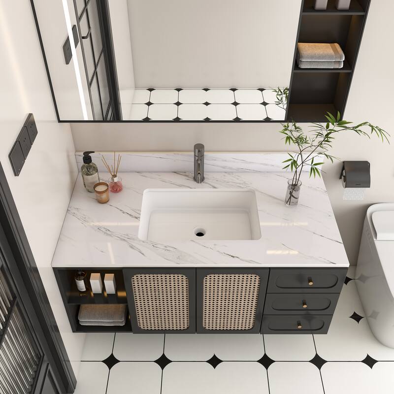 Roomfitters 43 Inch Bianco Carrara Venato Vanity Top with Rectangular Undermount Sink, Sintered Stone Counter, White