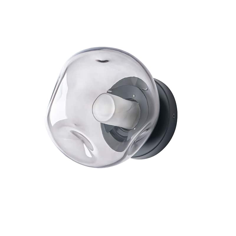 7.1" W Mid-Century Modern Matte Black Wall Sconce with Hand-Blown Smoked Gray/Pink Glass Shade for Bathroom, Staircase