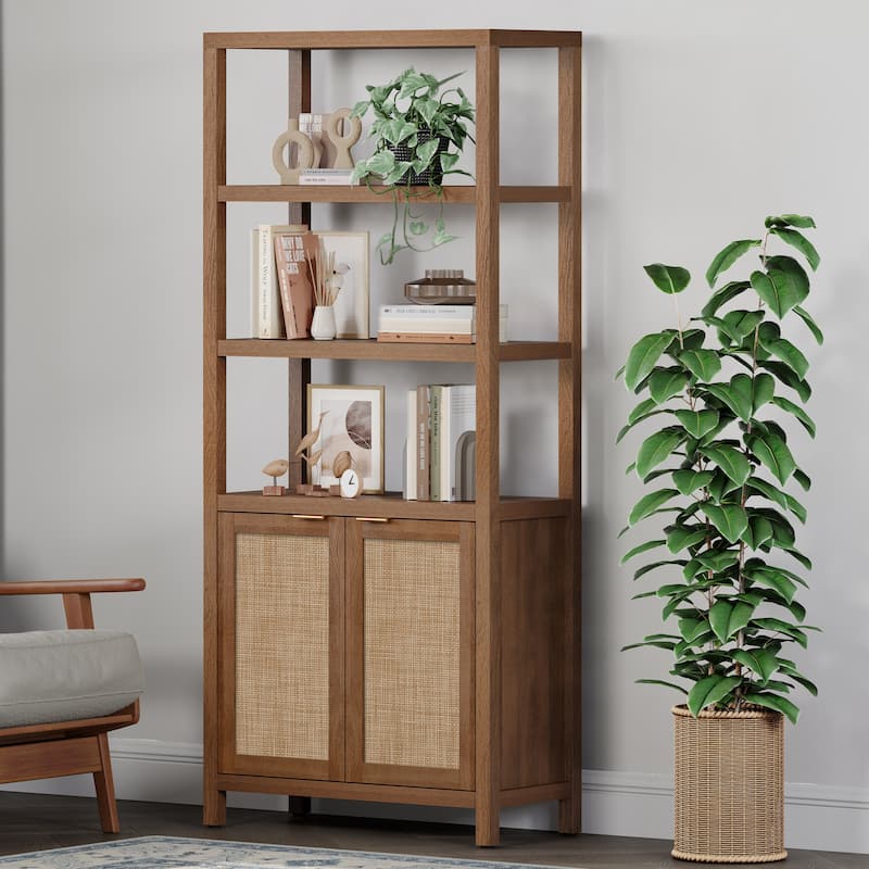 SICOTAS 5 Tier Adjustable Bookshelf with Rattan Storage Cabinet - Brown