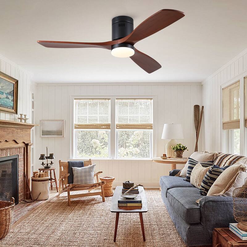 52In. Farmhouse Indoor Flush Mount Low Profile Ceiling Fan with Solid Wood Blades and Remote Control