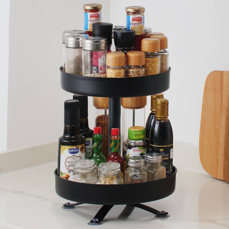 2 Tier Rotating Spice Rack, Kitchen Countertop Organizer - Black