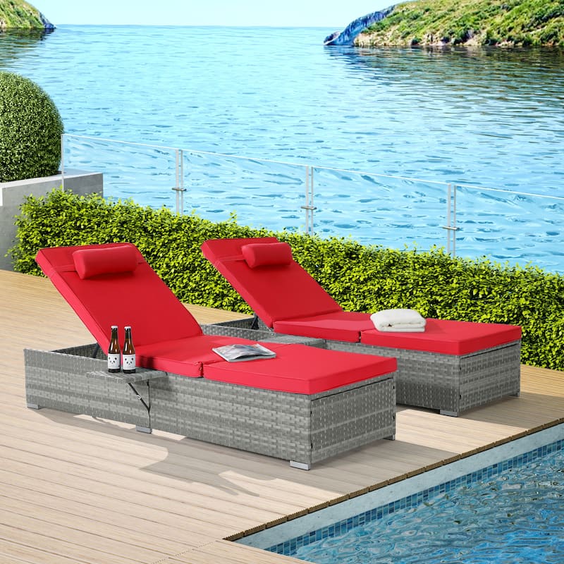 2-Piece Foldable Outdoor Wicker Chaise Lounge Set with Cushions and 5-Position Adjustable Backrest for Poolside Backyard