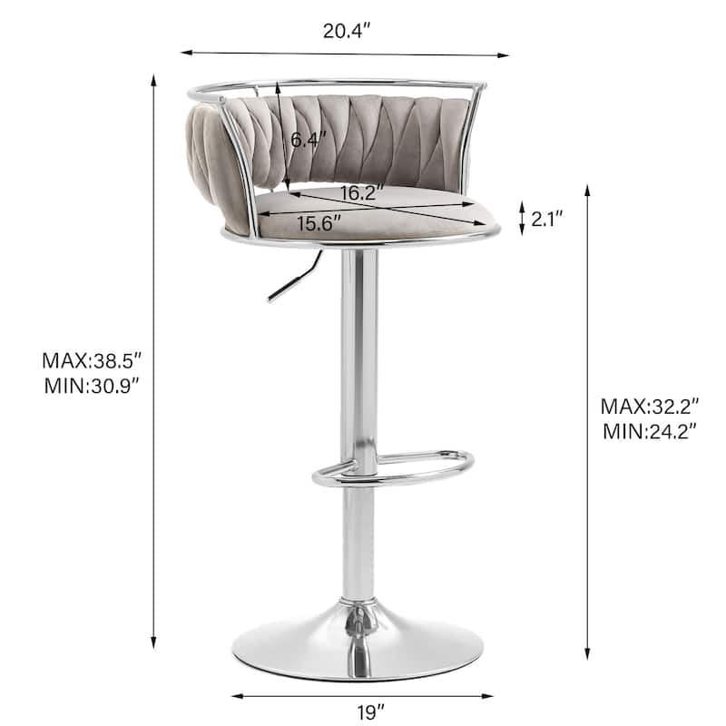 Velvet Upholstered Adjustable Bar Stool Swivel Counter Chair Set of 2