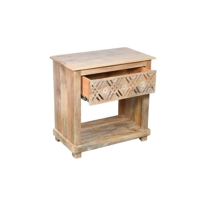 HomeRoots 28" Natural Solid Wood Carved Geometric One Drawer Nightstand