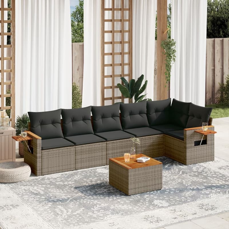 vidaXL Patio Sofa Set with Cushions Outdoor Conversation Furniture Poly Rattan - Grey with table - 21.7 x 21.7 x 14.6 in