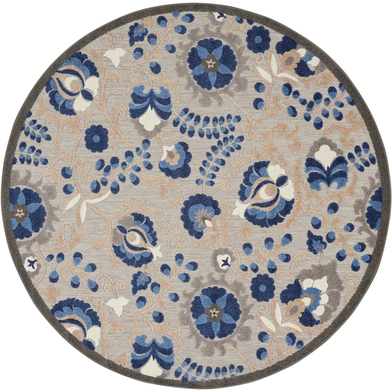 Nourison Alice Indoor/Outdoor Floral Area Rug - 4' x Round - Natural/Blue