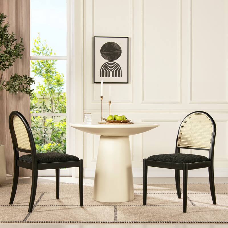Panama 18" Curved Cane Rattan Boucle Upholstered Dining Chair (Set of 2) - Ebony Black Boucle