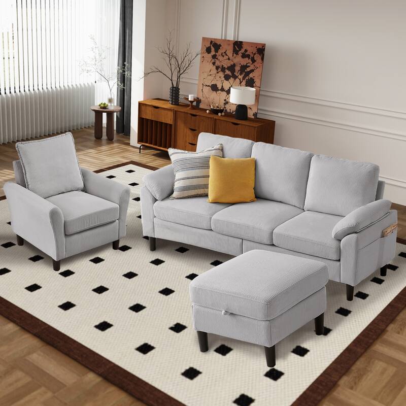 3 Pieces Corduroy Living Room Set with Sectional Sofa, Ottoman and Chair
