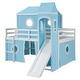 preview thumbnail 4 of 28, Full Size Loft Bed with Slide, Tent & Tower, Playhouse Design, Solid Wood Frame, Castle-Themed Bed for Kids, Blue