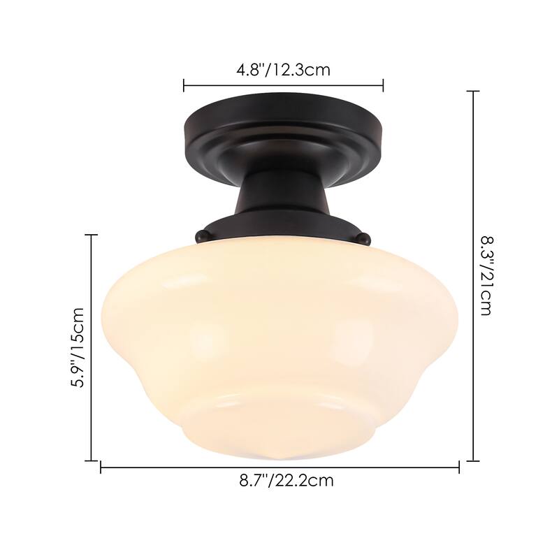 8.7" 1-Light Vintage Brass/Black Milk Glass Flush Mount Ceiling Light for Hallway