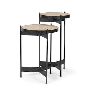 Wade Travertine Marble w/ Matte Black Metal End Tables