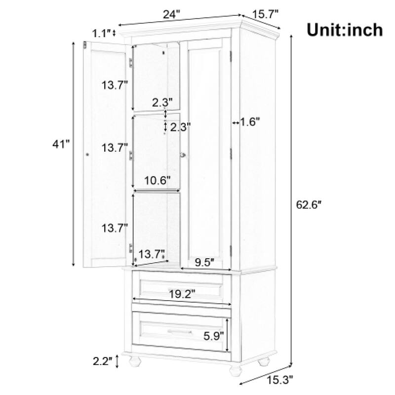 Roomfitters 64" Tall Bathroom Storage Cabinet, Modern MDF Linen Tower with 2 Large Drawers & Adjustable Shelves, White