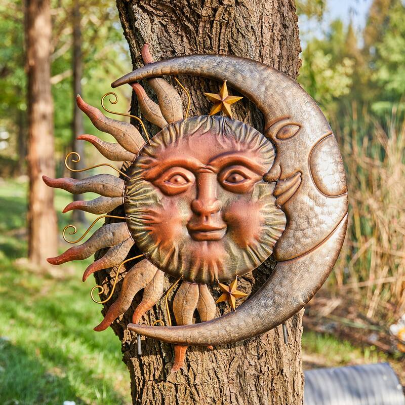 Glitzhome 36.25''H Metal Sun and Moon Wall Decor Yard Stake for Indoor and Outdoor