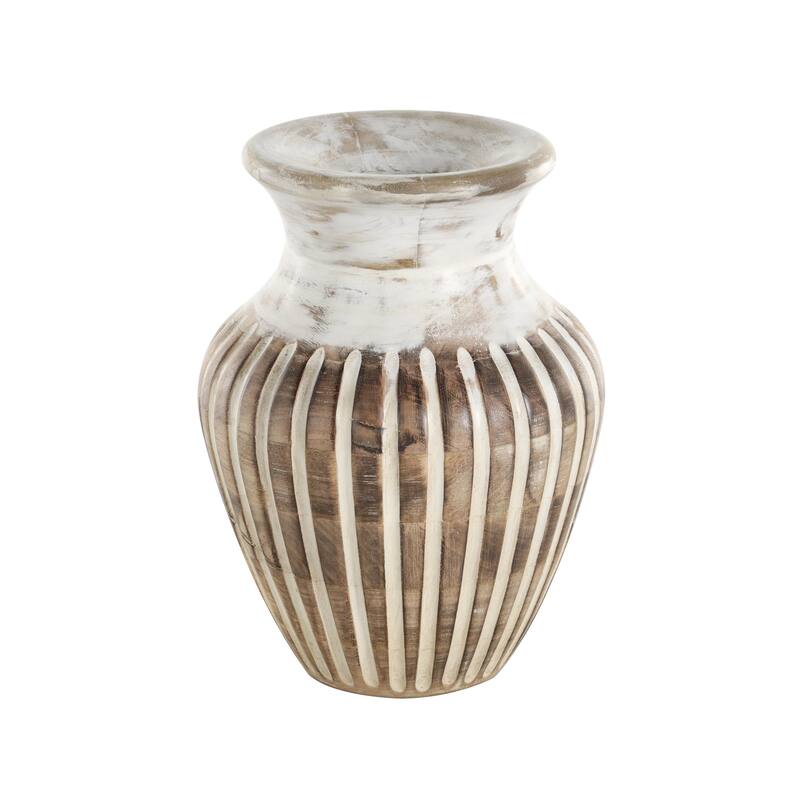 Mango Wood Distressed Decorative Vase with Carved Grooves - Brown - Roche River Decor - Brown