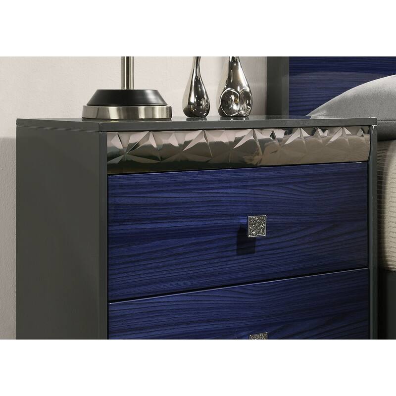 Glam Nightstand - Ash Gray & Indigo Blue Finish with Chrome Molding