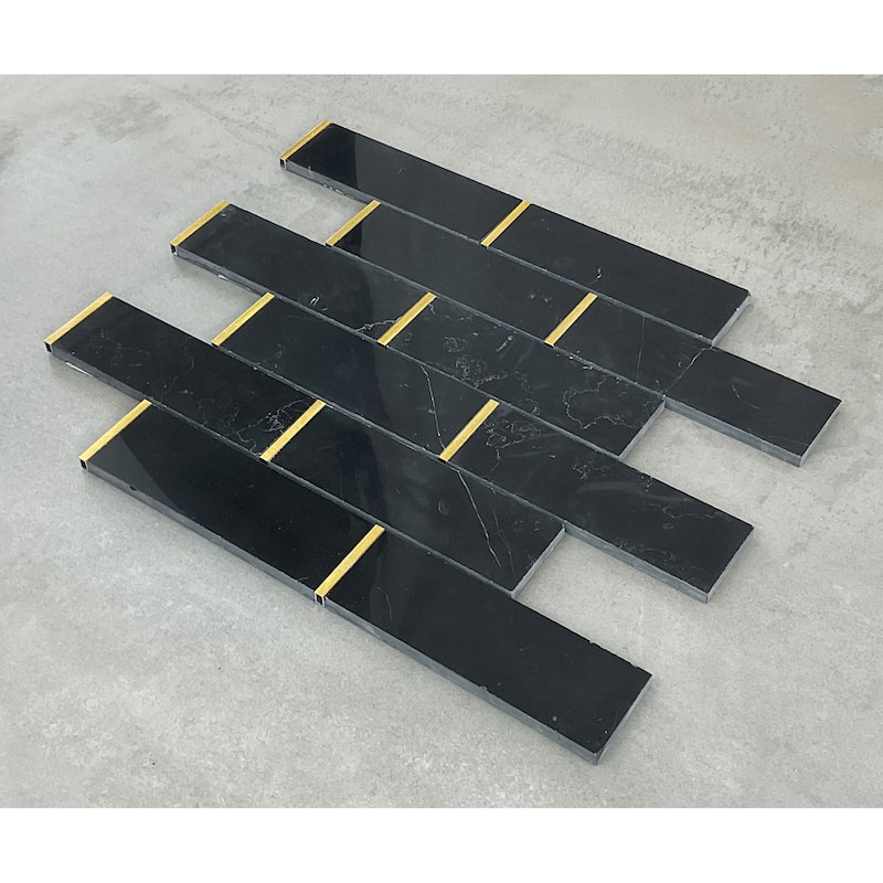 Nero Marquina and Gold Metal Brick Marble Wall and Floor Mosaic - Case (10 Sheets)