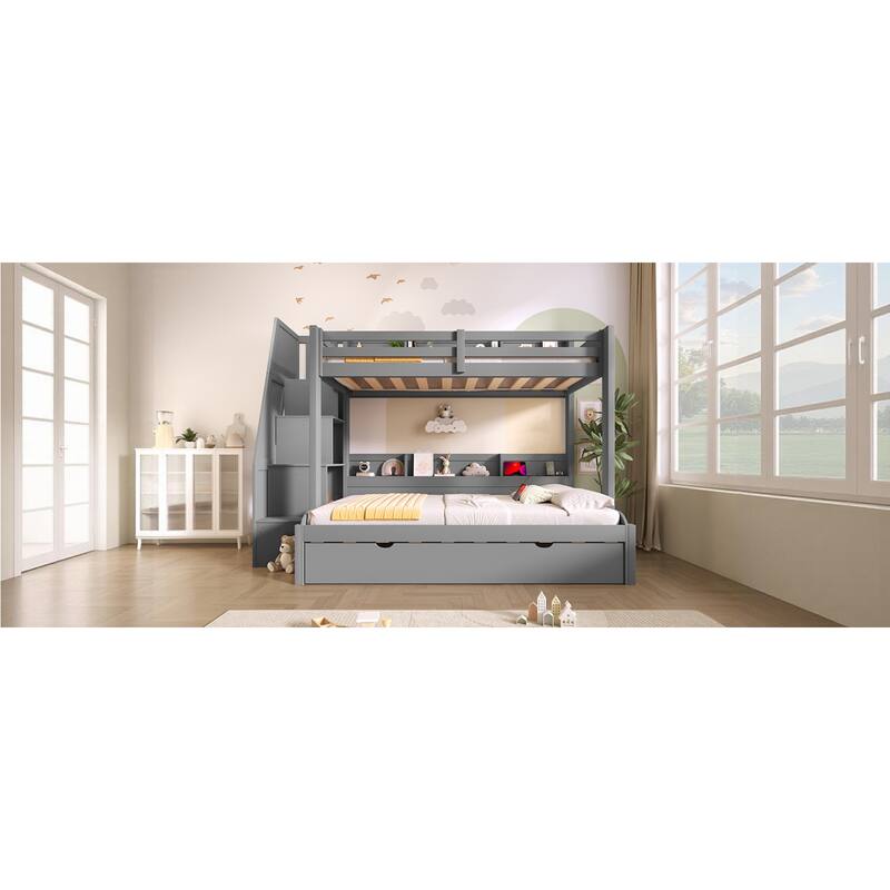 Roomfitters Twin Over Full Bunk Bed with Storage Staircase, Trundle, LED and USB