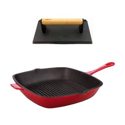 Neo 2pc Cast Iron Grill Set Grill Pan & Bacon/Steak Press Red