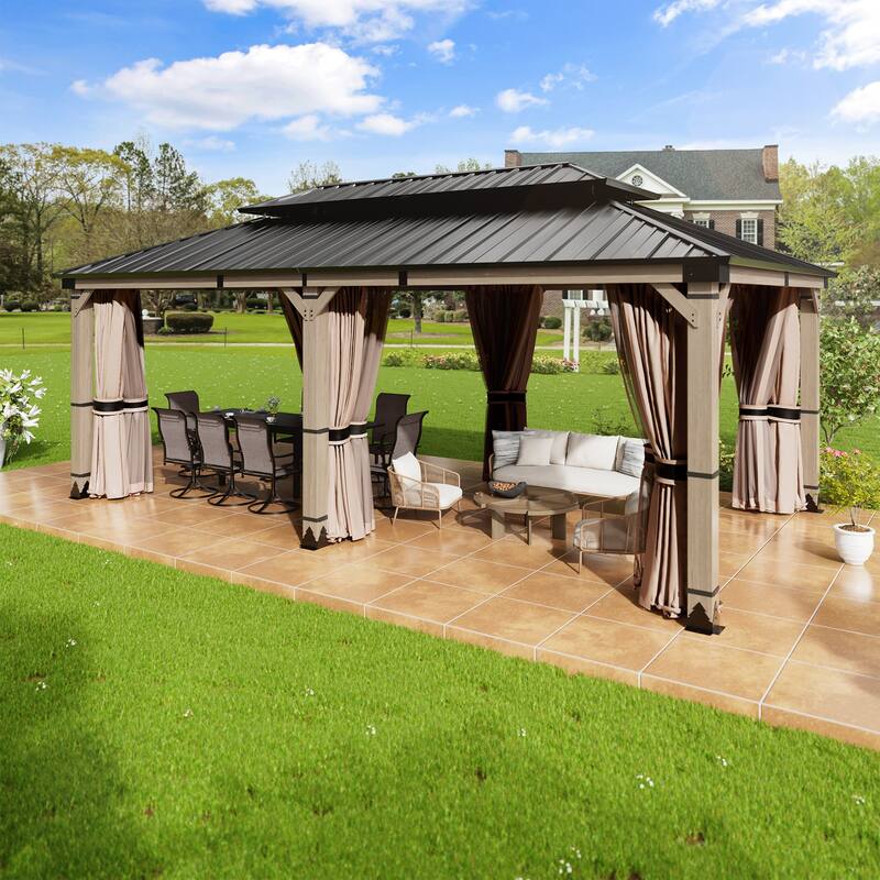 12X20FT Outdoor Wood Frame Patio Gazebo, Metal Pavilion with Curtain and Netting