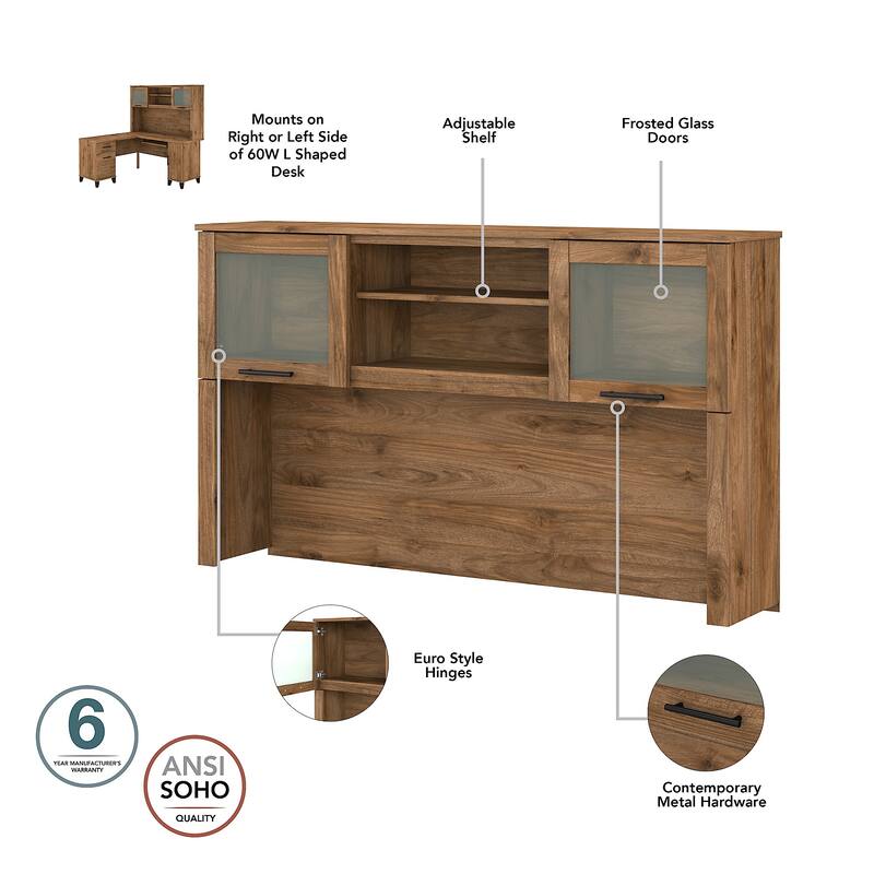 Bush Furniture Somerset Ash Gray 60W Hutch for L Shaped Desk - 59.09"L x 12.50"W x 35.69"H