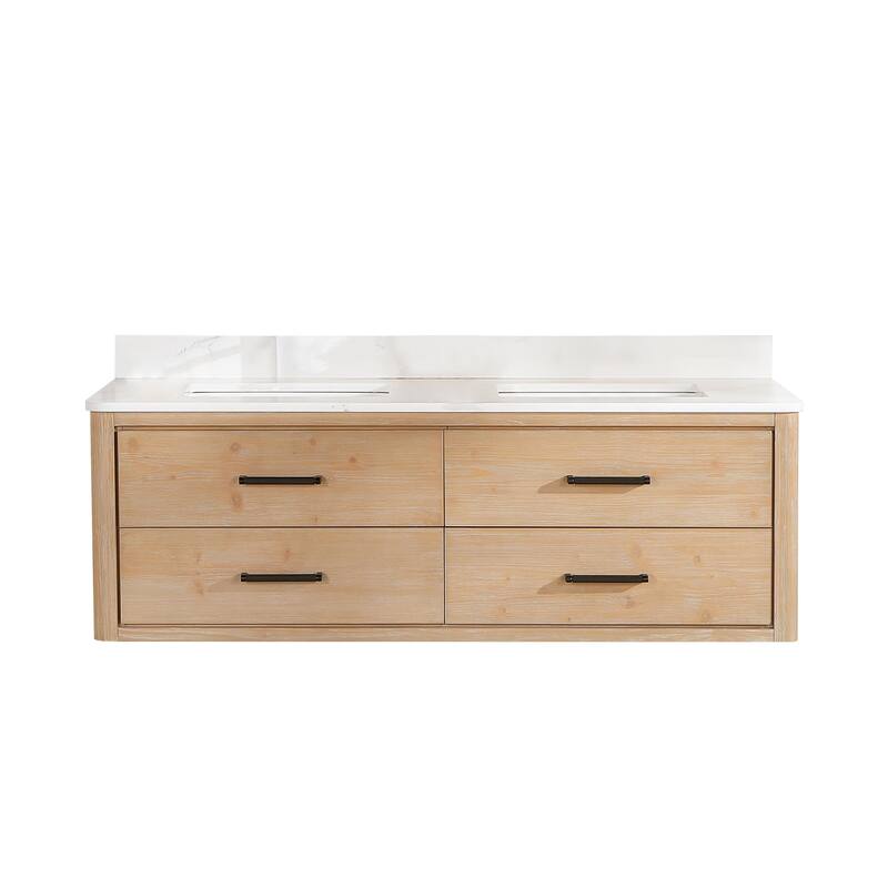 Miseno MV-NM-706660M Cristo 60" Wall Mounted Double Basin Vanity Set - Fir Wood Brown / Fish Maw White - Wood Finish