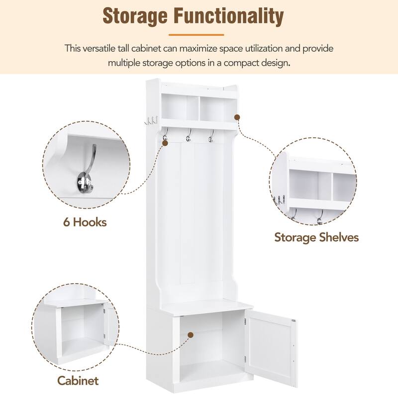 Minimalist Slim Hall Tree with Cabinet & 6 Hanging Hooks, Multi-functional Storage Bench with Coat Rack