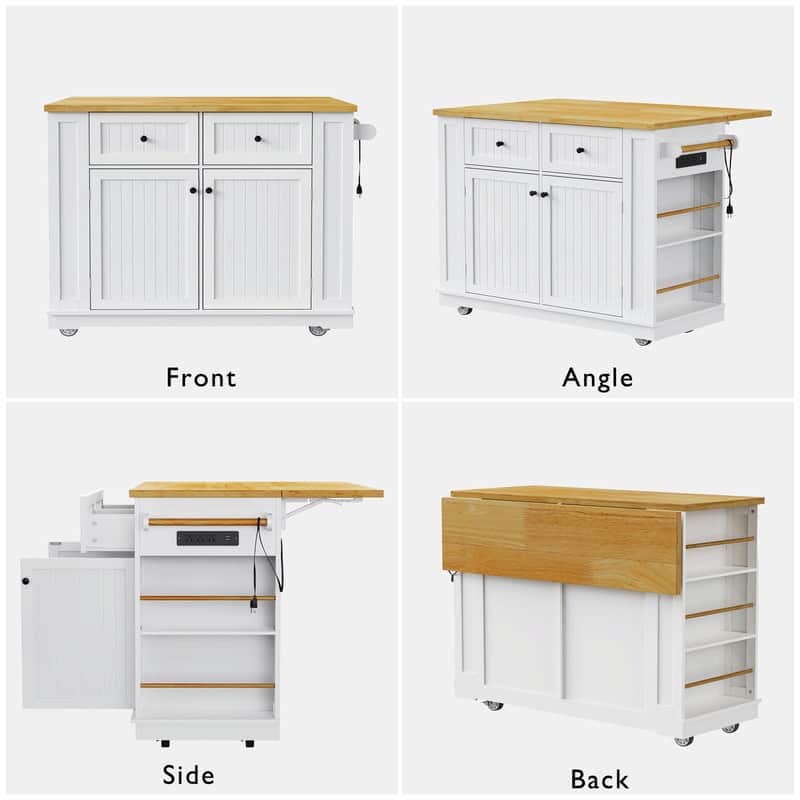 48" Rolling Kitchen Island with Drop Leaf, Power Outlet & 2 Bar Stools, Storage Cart with Drawers & Racks