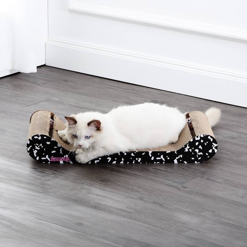 Rini 23.75" Modern Cardboard Lounge Bed Cat Scratcher with Built-In Bell Toys and Catnip, Black/White - Assembled