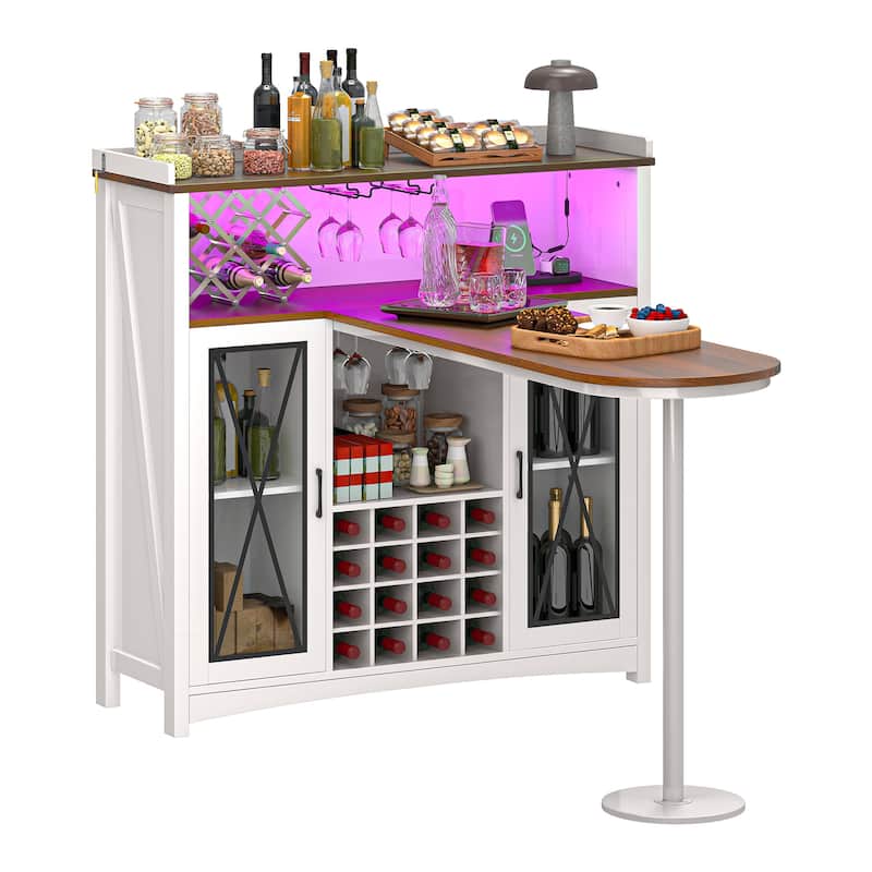 Home Bar Unit with Wine Bar Cabinet & LED Light - White