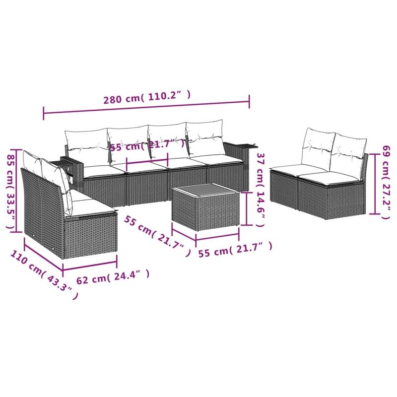 vidaXL Garden Sofa Set 9 Piece with Cushions Outdoor Sofa Set Poly Rattan