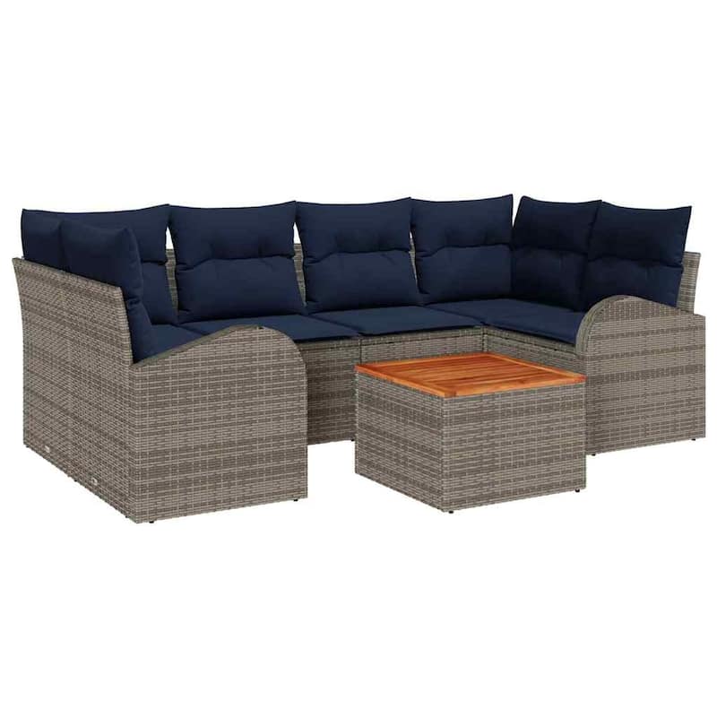 vidaXL 7 Garden Sofa Set with Cushions Black/Grey Poly Rattan - 92.1 x 48.8 x 27.2