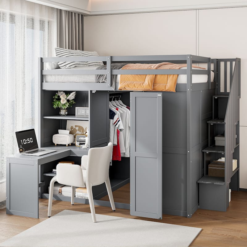 Full Size Loft Bed with Built-in Wardrobe and Desk,Wooden High Loft Bed Frame with Storage Staircase Design