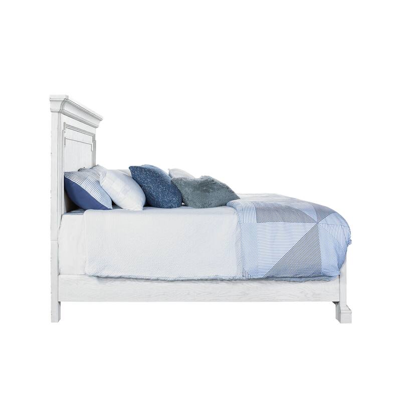 King Panel Bed - White Mist Finish, Elegant Design, Requires Box Spring