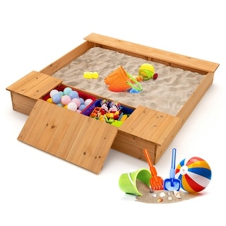 Costway Kids Wooden Sandbox w/ Bench Seats & Storage Boxes Children - See Details