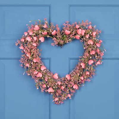 Hearts and Rosebuds Artificial Heart Shaped Valentine's Day Wreath - 18" - Pink