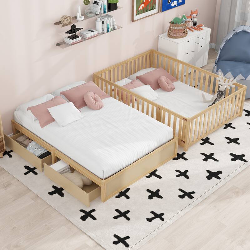 Pine Wood Daybed Floor Bed Frame with Fence Guardrails and 2 Drawers, Converts into Two Individual Beds, No Box Spring Needed